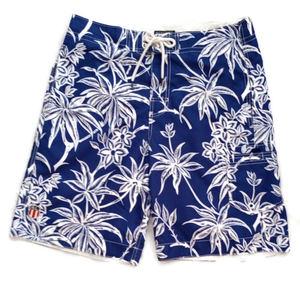 Polo Jeans Co Ralph Lauren Mens Blue and White Floral Print Swim Board Shorts